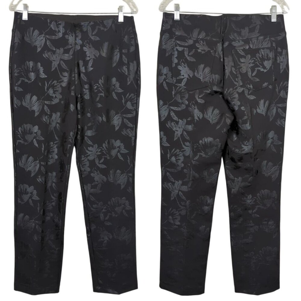 Soft Surroundings Black Gray Tights Pull-on Pants Sz M Floral Jacquard